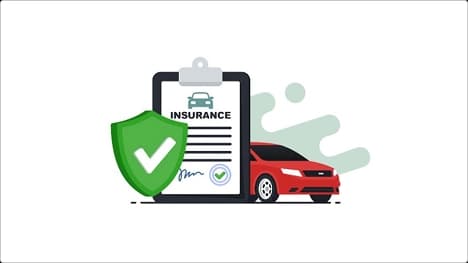 Illustration of car insurance concept with green shield, red car, and clipboard document