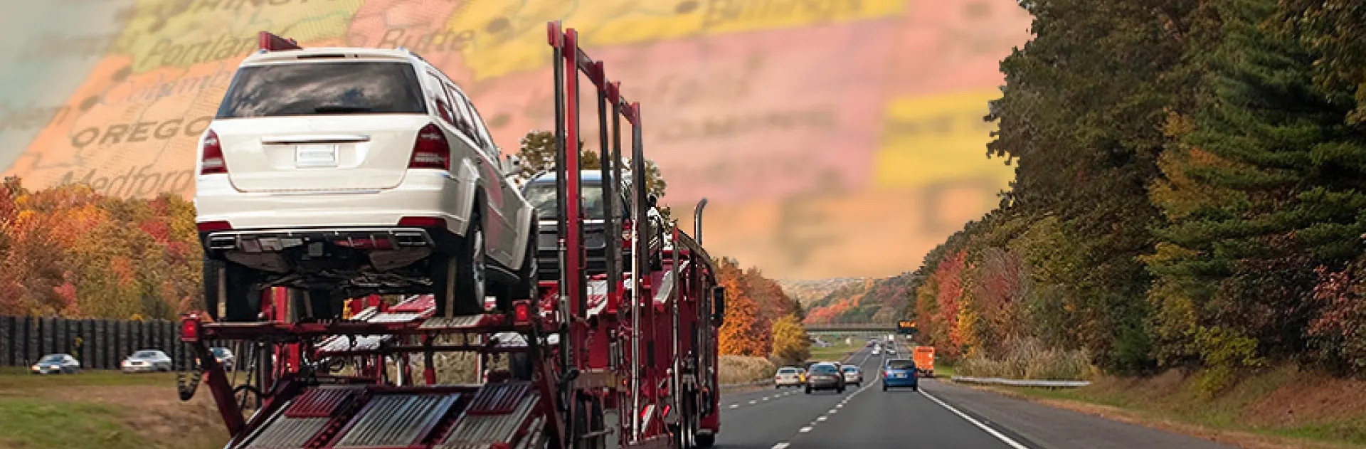 Open carrier transporting vehicles in autumn open car carrier hauling vehicles on an interstate with autumn foliage