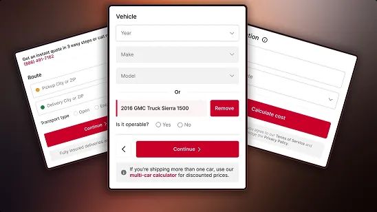 Car shipping quote form steps car shipping quote form showing route, vehicle details, and operability steps