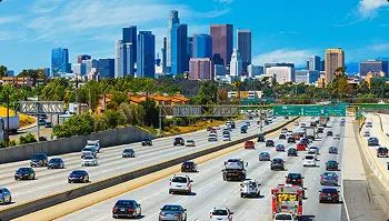 Los Angeles freeway city skyline busy los angeles freeway with downtown skyline on a clear sunny day