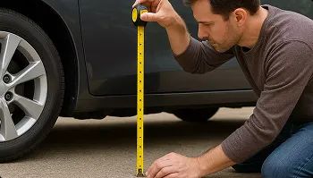 Vehicle ground clearance measurement man measuring vehicle ground clearance height with tape measure