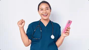 Healthcare Worker Car Shipping Support Smiling healthcare worker holding a phone, celebrating a discounted car shipping quote