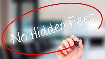 No Hidden Fees Hand circles the words No Hidden Fees in red on glass, pricing transparency concept