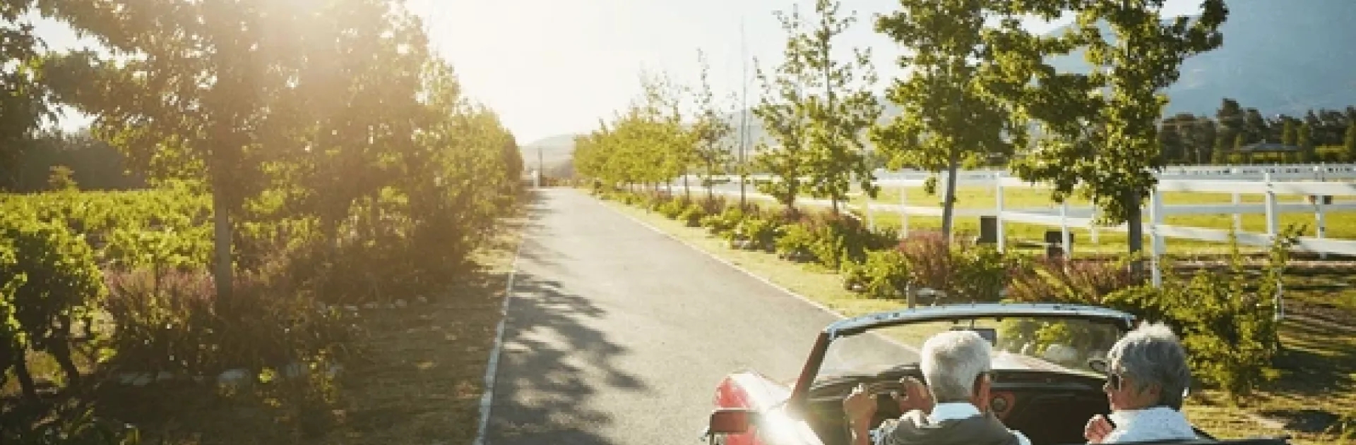 Snowbird car shipping seasonal auto transport service older couple driving a classic convertible on a sunny scenic road symbolizing snowbird car shipping service
