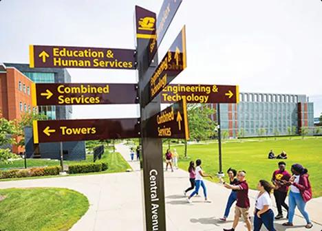 University campus directions students walking past directional sign on university campus grounds