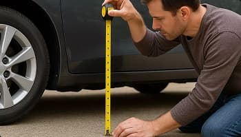 Vehicle ground clearance measurement man measuring vehicle ground clearance height with tape measure