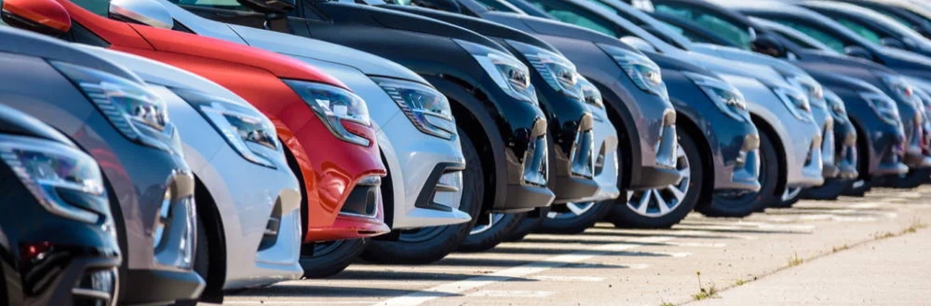 Fleet management vehicle transport Row of fleet vehicles parked in a lot, close up of front ends, blurred background
