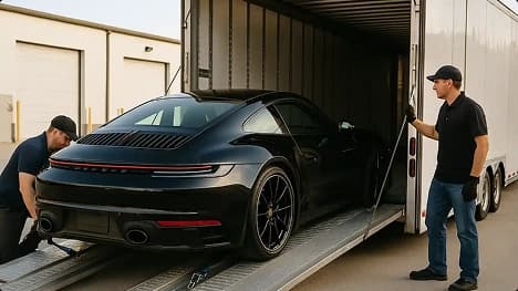 Enclosed transport for luxury sports car technicians loading a black sports car into an enclosed trailer using ramps for secure luxury car transport