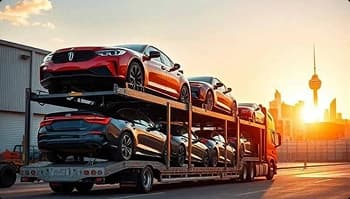 Open carrier delivery for base moves open car carrier loaded with vehicles driving at sunset ready for base delivery